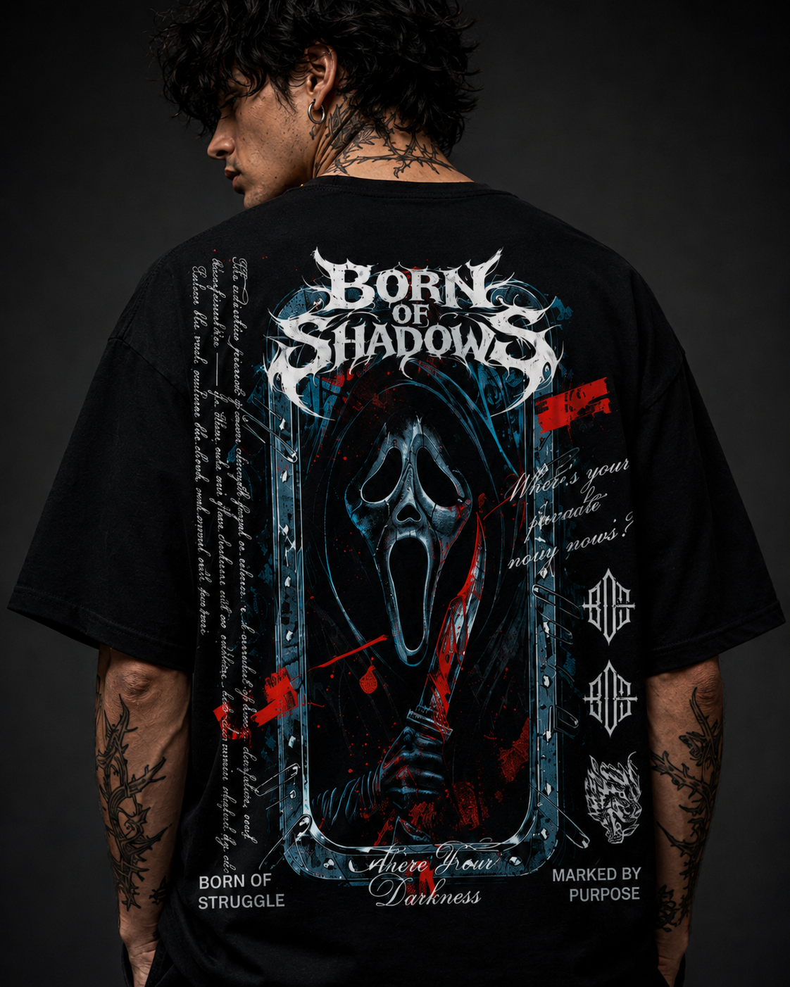 PLAYERA OVERSIZED GHOST FACE - FULL BACK PRINT SEMITONES - ORIGINAL SHADOWS